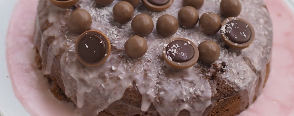 Schoko-Kokos Kuchen mit Himbeerglasur